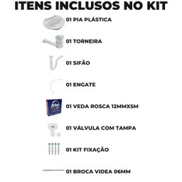 Pia Banheiro 8l + Torneira Branca + Sifão Sanfonado + Engate Flexível + Veda Rosca + Broca - 2