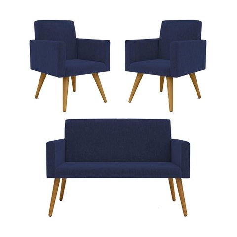 Kit Namoradeira + 02 Poltronas Decorativas Nina Azul Marinho