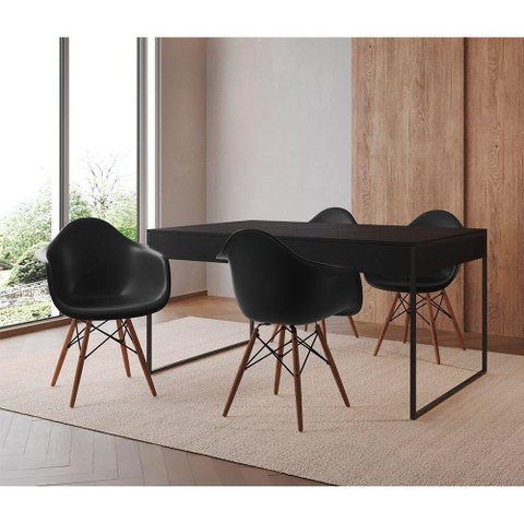 Mesa Jantar Industrial Preta 137X90Cm Base Ferro Preto Com 4 Poltronas Pretas Cor: Preto