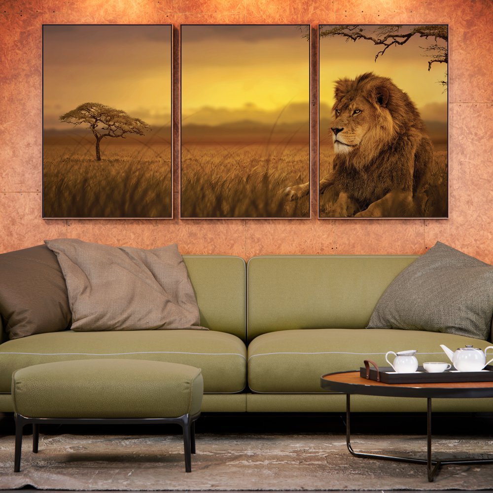 Kit 3 Telas Canvas com Moldura Estampa Natureza Safari Madeira - Médio - 1