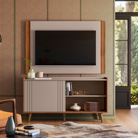 Rack com Painel para TV até 50 Polegadas MDF 160cmx160,5cm Fresno New Austin Cinza Grigio Fosco/Cinamomo Mel
