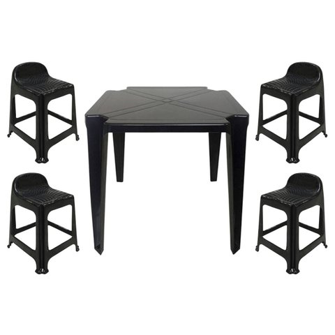 Mesa Quadrada Plástico Monobloco 70cm Preta + 4 Banquetas com Encosto