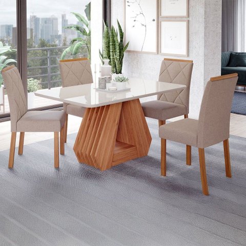 Mesa de Jantar 4 Lugares Ágata Fernanda com Vidro Cinamomo/off White/bege - Cimol