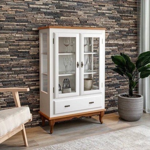 Cristaleira Média 2 Portas 1 Gaveta Branco - Imbuia - Branco