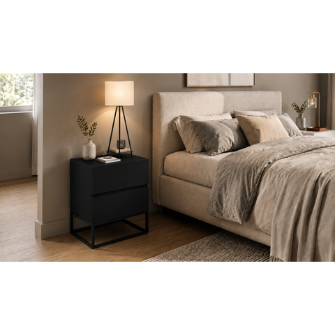 Mesa Cabeceira Eros 2 Gavetas Estilo Industrial Preto