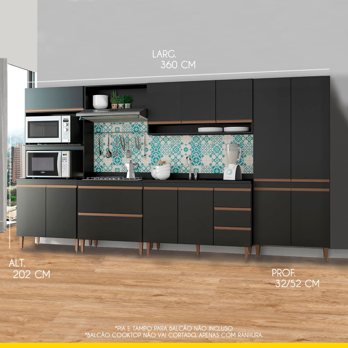 Cozinha Modulada Completa 360 Cm 6 Peças 5 Gavetas 12 Portas Bela Preto Texturizado - ClickLar - 4