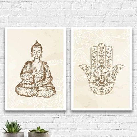 Kit 2 Quadros Esotéricos Buda E Hamsa 24x18cm:Madeira preta