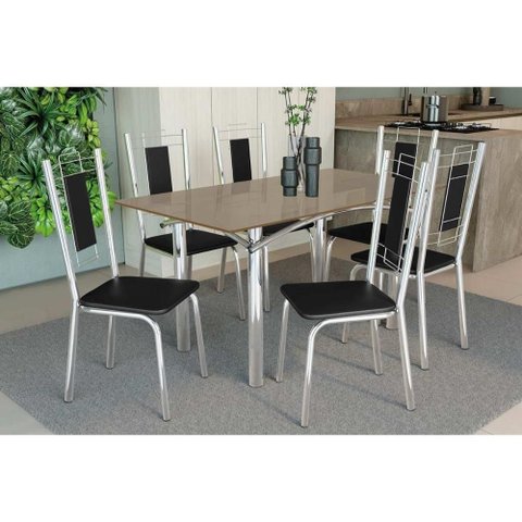 Conjunto: Mesa Sala Jantar Elba Tampo Madeirado C/ Vidro 160cm e 6 Cadeiras Florença Cromada/freijo