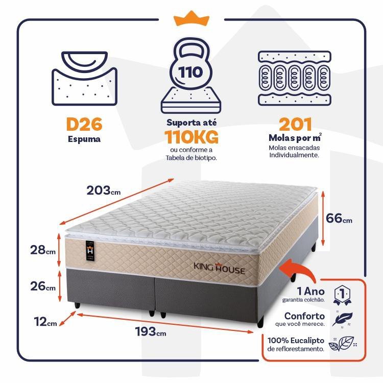 Cama Box King Alford com Colchão Molas Ensacadas 193x203x66 Cinza - 2