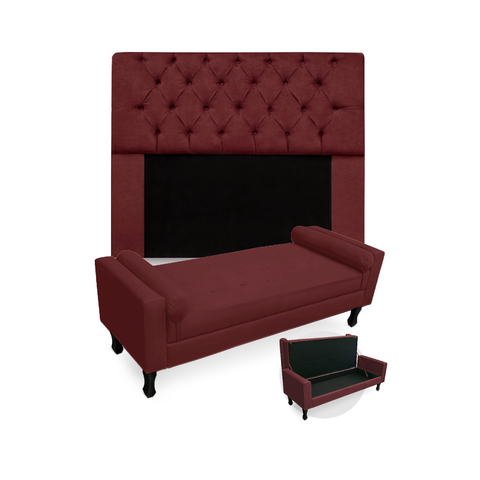Jogo Com Cabeceira Mirage + Recamier Baú Fenix Solteiro 90 cm Suede Vermelho Bordo - LM DECOR
