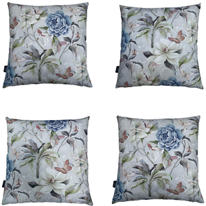 Kit 4 Capa de Almofada Impermeável Estampa Digital 100% Algodão Flor Azul Borboleta Área Externa 43c