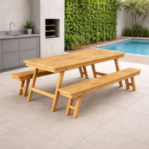 Conjunto Mesa de Churrasco Rústica com 2 Bancos em Madeira Maciça Eucalipto
