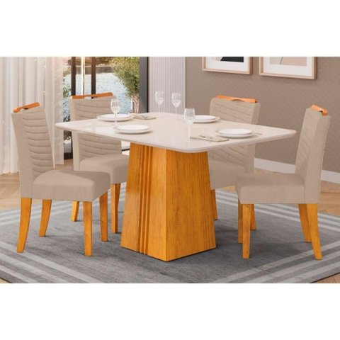 Conjunto: Mesa Sala Jantar Italia Tampo Madeirado C/ Vidro 120x90cm e 4 Cadeiras Julia Cedro/off