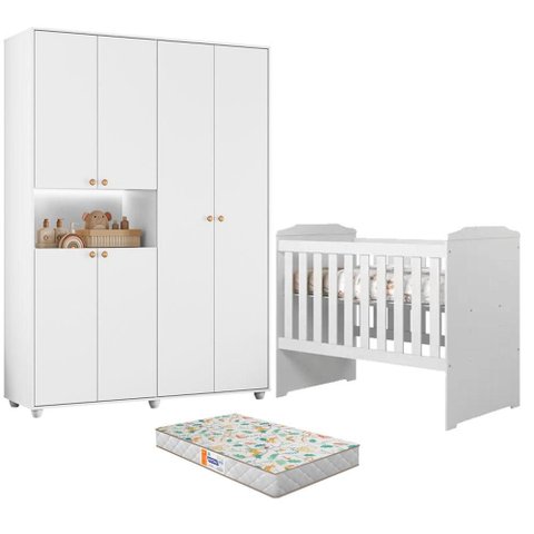 Berço Americano Carinho com Colchão Gazin com Guarda Roupa Infantil Vittoria 6 Portas Branco - Móvei