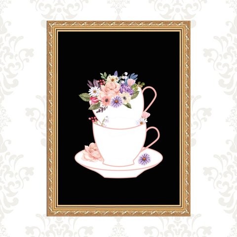 Quadro Moldura Dourada Xícara Flores 24x18cm:com Acetato