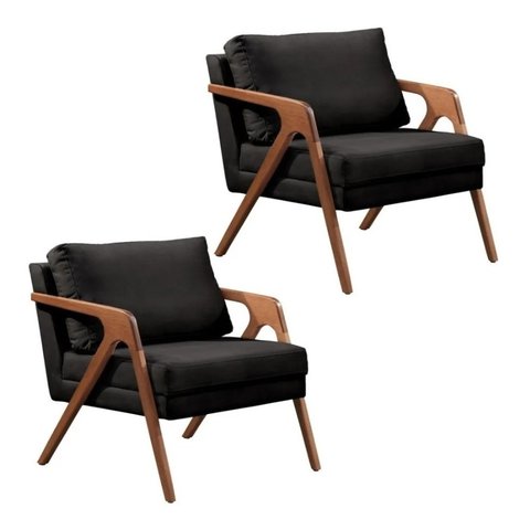 Kit 2 Poltronas Decorativa Mona Madeira Maciça-Veludo Preto