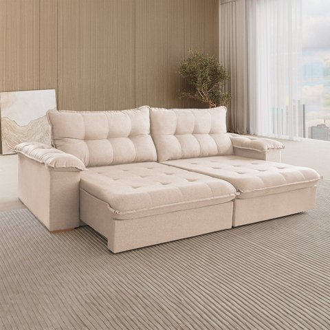 Sofá Retrátil 4 Lugares 210cm Linho Muriaé Bege