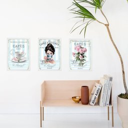 Kit 3 Quadros Cozinha Azul e Rosa Café de Paris 45x34cm:madeira Preta - 2