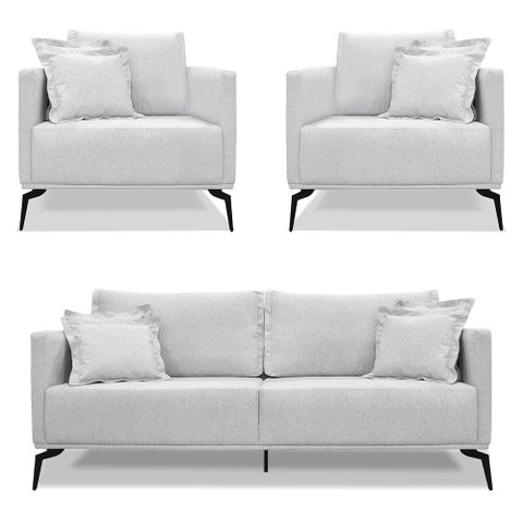 Kit 2 Poltronas e Sofá Living 2 Lugares 1,60m Sirius Linho Cinza Pés Metálicos - Pallazio