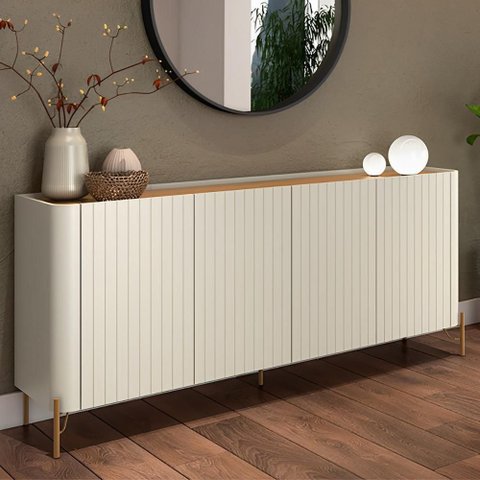 Balcão Buffet p/ Sala Porta Brise 180cm Pés Metal 100% MDF Cor:Louro e Luna com Dourado
