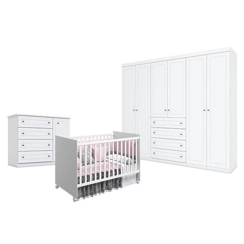 Quarto de Bebê Americano 6 Portas Com berço Nacional Mel Branco Acetinado - Reller - Henn
