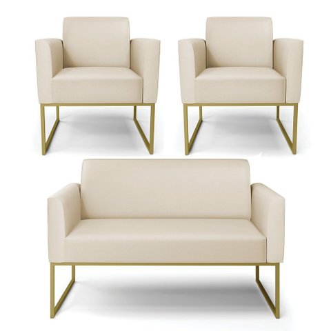 Namoradeira e 2 Poltronas Marisa Industrial Dourado Sintético D03 - D’Rossi