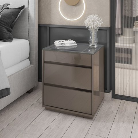 Mesa de Cabeceira 3 Gavetas com Organizador Tampo Vidro Belize 