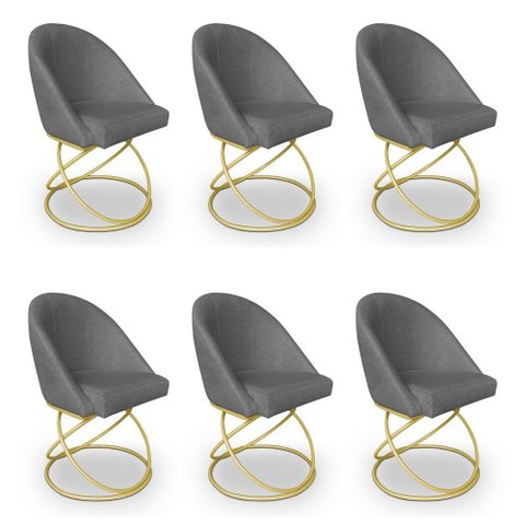 Kit 06 Cadeiras Poltrona de Jantar Bela Linho Grafite Base Metálica Luxo Dourado - Pallazio