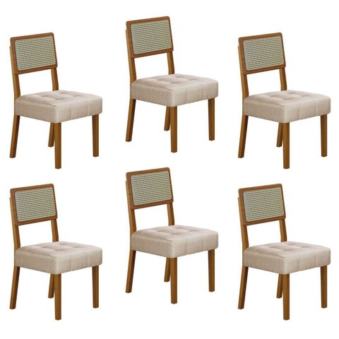 Kit de 6 Cadeiras para Sala de Jantar Pés em Madeira Maciça Liz Bege/Cinamomo/Linho
