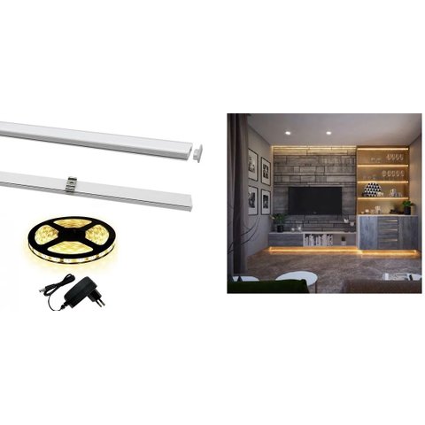 Perfil Alumínio Branco Sobrepor + Fita Led Quente + Fonte 2m