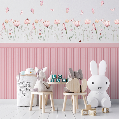 Kit Adesivo Meia Parede Efeito Ripado + Adesivo Jardim Floral Divertido Decoração para Quartos