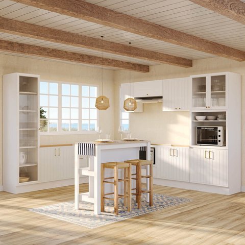 Cozinha Modulada 12 Peças sem Tampo com Cristaleira e Ilha Marselha CabeCasa MadeiraOriginals Branco