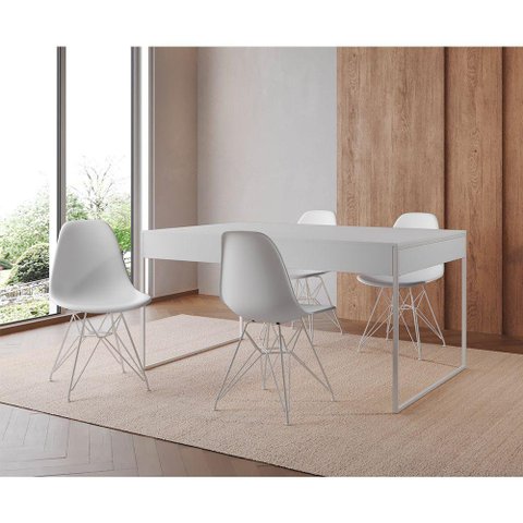 Mesa Jantar Industrial Retangular Branca 137X90Cm Com 4 Cadeiras Brancas Base Ferro Cor: Branco