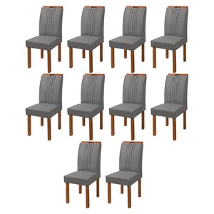Kit 10 Cadeiras de Jantar Estofada Helena Base Madeira Maciça Tecido Veludo Cinza