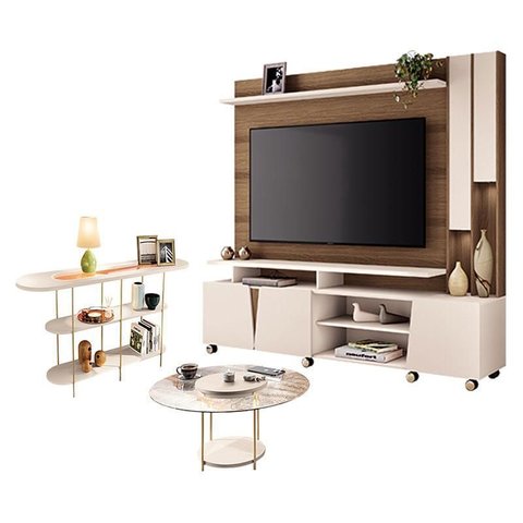 Estante Home Theater Virtus Castanho Off White com Mesa de Centro Sky com Tampo de Vidro e Aparador