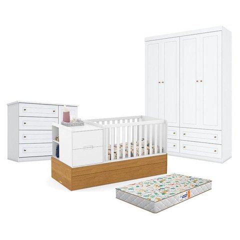 Quarto de Bebê Formare 4 Portas 4 Gavetas em MDF Branco Freijó com Berço e Colchão Gazin Matic