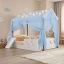 Ver imagem 2 de Cama Casinha Montessoriana Isa MDF + LED + Voal Azul + Escorregador + Colchão Casal Kids - Branco
