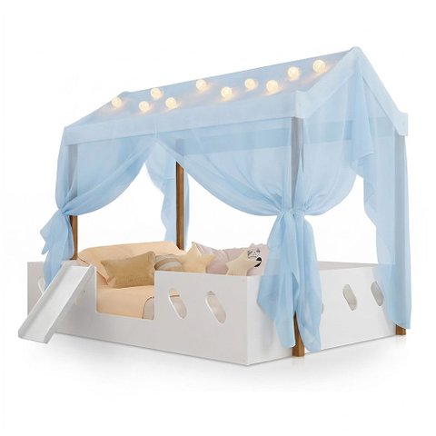 Cama Casinha Montessoriana Isa MDF + LED + Voal Azul + Escorregador + Colchão Casal Kids - Branco