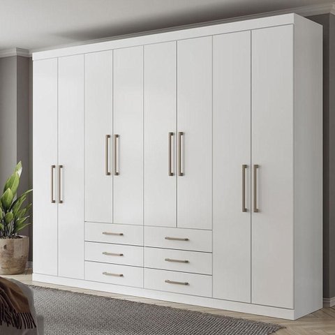 Guarda Roupa Casal Master 8 Portas de Bater 6 Gavetas Branco Brilho Santos Andirá