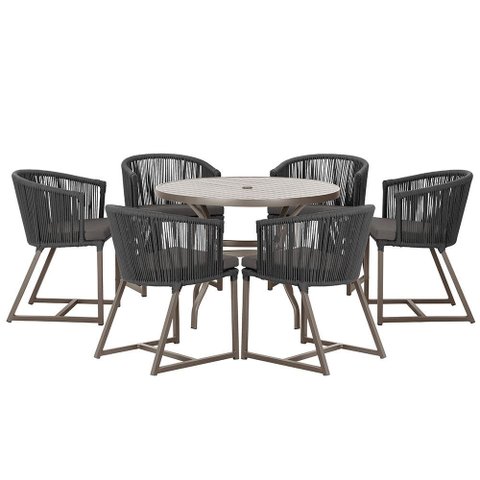 Mesa com 6 Cadeiras de Jantar Roma 120cm e Noronha em Alumínio Marrom Corda Náutica Estofado 11 Tram