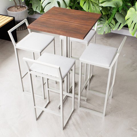 Conjunto Mesa Alta Bar Bistrô Quadrada Imbuia 4 Banquetas Confort Estofado White Don Castro