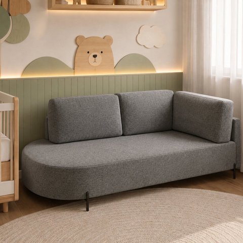 Sofá Cama Babá Orgânica Braço Lado Direito Linho Cinza