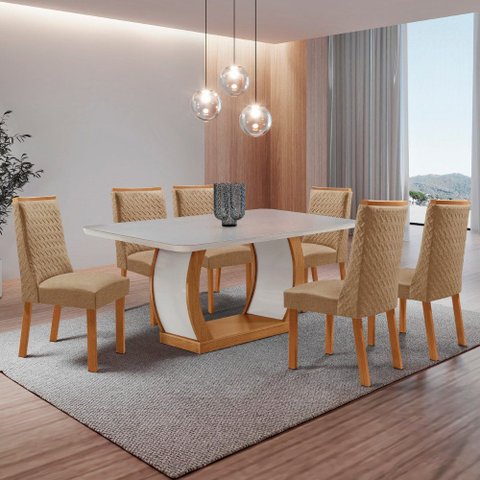 Mesa de Jantar Milena 180cm Tampo MDF Vidro Canto Copo com 6 Cadeiras Carolina