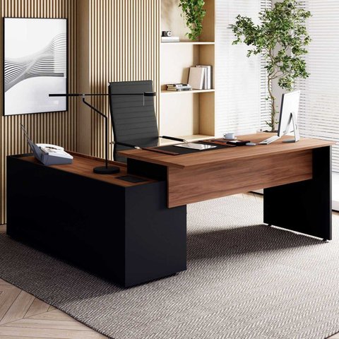 Mesa em L com Armário Lateral Caixa de Tomadas e 3 Gavetas 180cm Tampo Chanfrado Escritório Corporat