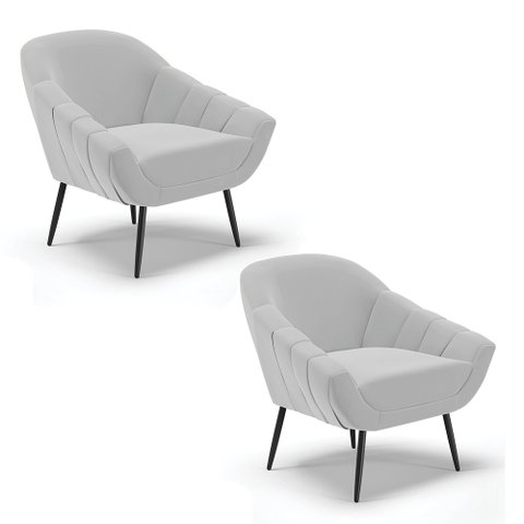 Kit 2 Poltronas Giovana Suede Cinza Pés Palito de Ferro - D'Rossi