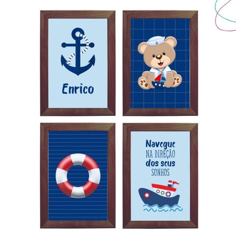 Kit com 4 Quadros do Tema Ursinho Marinheiro Náutico:tabaco