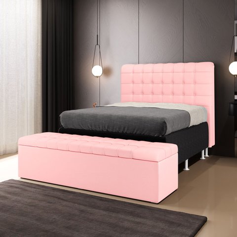 Cabeceira Rana e Calçadeira Alpha 160 para Cama Queen A-044 Couro Rosa Bebê Aradecor