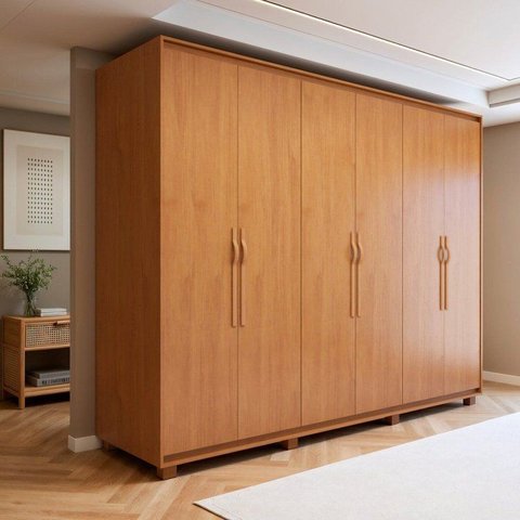 Guarda-Roupa Casal 6 Portas 6 Gavetas com Pés MDF 270cm Suavitá Amêndoa Clean
