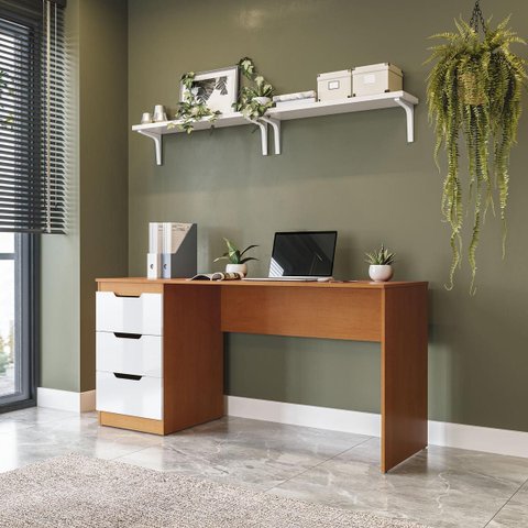 Mesa Escrivaninha Madri Escritório 3 Gavetas 163x77cm Branco/Freijó 250705
