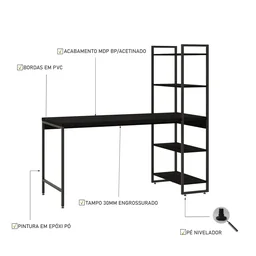 Escrivaninha com Estante 4 Prateleiras Estilo Industrial 150cm Active Yescasa - 5